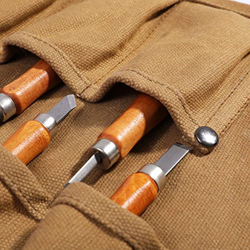 Tool Roll, Heavy Duty Waxed Canvas Small Tool Bag Tool Pouch for Chisels Hammers, Gouges Palm Tools (Khaki) - Image 3