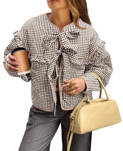 Tankaneo Womens Plaid Quilted Jackets Tie Front Lightweight Cropped Jacket Ruffled Puffer Padded Coat with Pockets