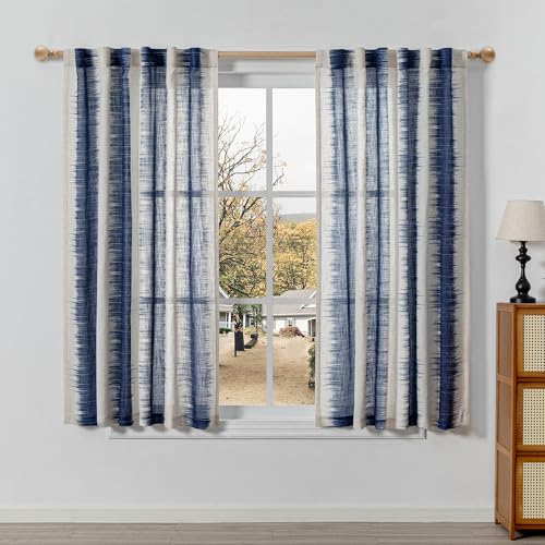 Image of MYSKY HOME Linen Curtains for Bedroom, Light Filtering Window Treatment Sets Bedroom Dining Room Lines Printed Vintage Farmhouse Curtains with Backtab Rod Pocket, 50 inchx63 inch, Navy Blue, 2 Pieces