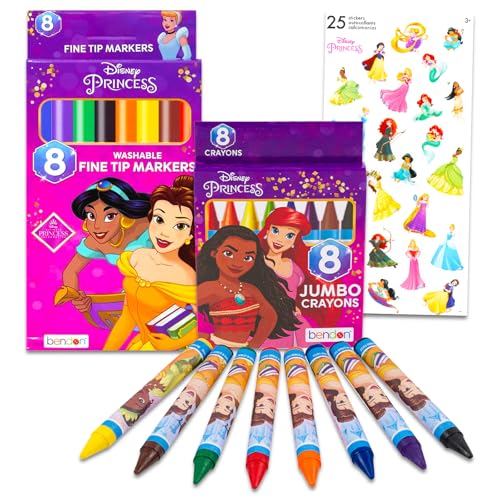 Disney Princess Coloring Set - Bundle of 8 Markers and 8 Jumbo Crayons for Coloring, Drawing, and More | Disney Princess School Supplies for Kids