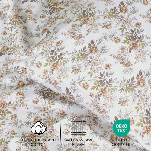 Image of Feather & Stitch Printed 500 TC California King Size 4pc Damask Bed Sheet Set, 100% Soft Cotton Breathable Bedsheets, 18 inch Deep Pockets Sateen Weave Striped Bedding Mattress - Rose Floral