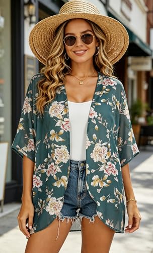 Image of FINOCEANS Womens Floral Chiffon Kimono Cardigans Loose Beach Cover Up Half Sleeve Tops