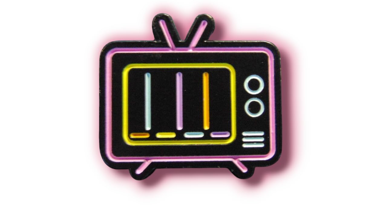 Retro Television Enamel Pin Badge, Black with Neon Outline, 23.1mm x 25mm, 2mm Thick, Vintage 80s TV Collectible, Neon Sign Style, Perfect for Backpacks, Jackets, and Hats, Trendy Retro Accessories