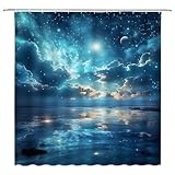 Fsfusvk Blue Ocean Shower Curtain Fantasy Night Sky Clouds Stars Nautical Nature Seascape Moon Sea Waves Dreamy Starry Reflect Dark Polyester Fabric Bathroom Curtain Sets Hooks 70 x 70 Inch