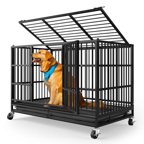 LEVELEVE 48 Inch Heavy Duty Indestructible Dog Crates for Large Dogs,Escape Proof Dog Cage Large Dogs with Lockable Wheels,Dog Kennel Furniture Indoor&Outside