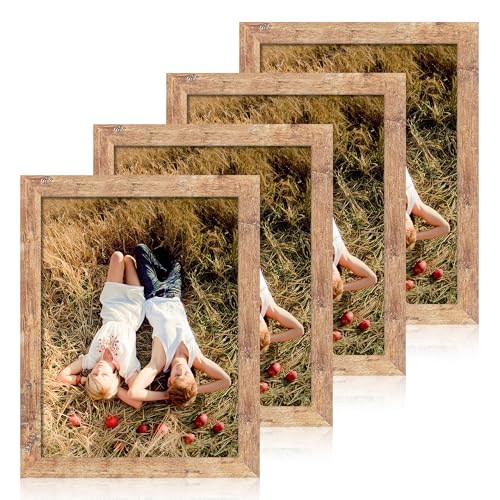 iRahmen 8.5x11 Picture Frame Set of 4 High Definition Real Glass Rustic Brown Frame Wood Photo Frames 8.5 by 11 Diploma Document for Wall Hanging and Tabletop Display