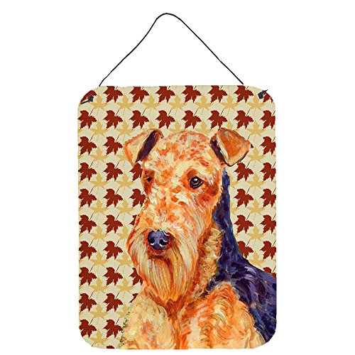 Caroline's Treasures LH9111DS1216 Airedale Fall Leaves Portrait Wall or Door Hanging Prints Aluminum Metal Sign Kitchen Wall Bar Bathroom Plaque Home Decor Front Door Plaque, 12x16, Multicolor