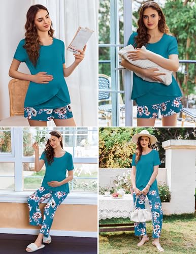 Image of Ekouaer 3 PCS Maternity Nursing Pajamas Set Postpartum Breastfeeding Short Sleeve Shirts, Pregnancy Shorts & Pants Pjs S-XXL