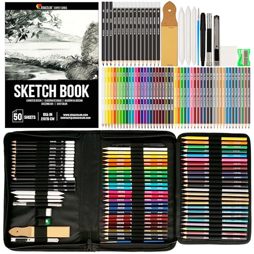 Zenacolor, Kit de desenho, mala de desenho com 24 lápis de aguarela, 12 lápis de cor, 12 lápis metálicos, 12 lápis de papel e um caderno para desenhar - 74 peças