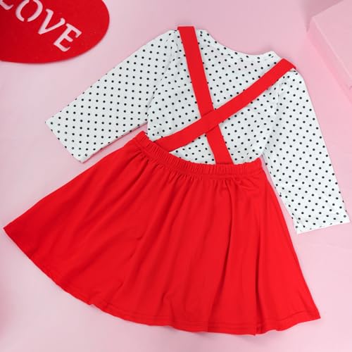 Image of Girls Valentine's Day Dress Outfit, Long Sleeve Dot Heart Shirt Top and Red Suspender Strap Skirts Set (Red, M)