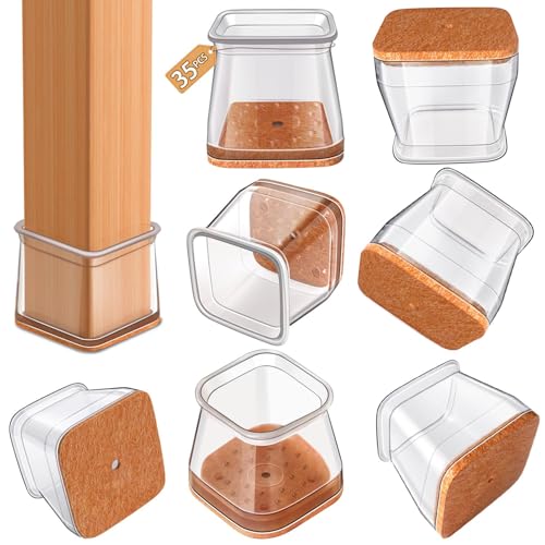 Image of Chair Leg Floor Protectors Square for Hardwood Floors 35 Pcs Large | Furniture Leg Felt Pads Caps Covers, Protect Wooden Floors from Scratching, Glide Easily (Fit:1-1 /16 inch to 1-5 /8 inch)