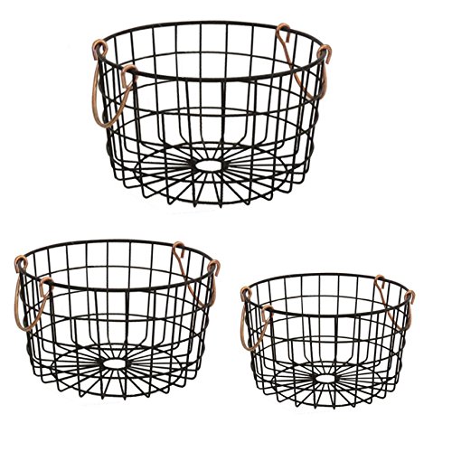 The Nifty Nook | Wire Nesting Baskets | Shabby Chic French Country Style | Home Decor | Utility Storage Bins | Great for Household Organization | Black Finish with Copper Handles | Set of 3 | Round