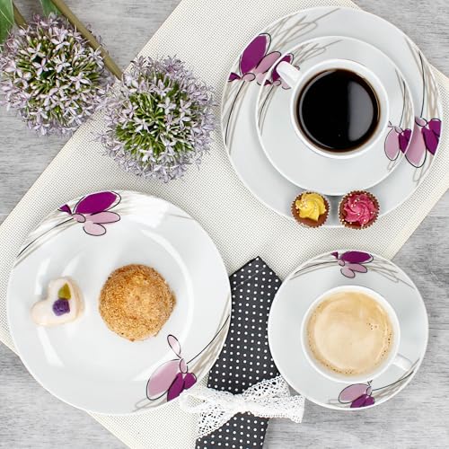 MamboCat Viola 18tlg Kaffeeservice I weißes Porzellan-Geschirr mit Blumen-Dekor für 6 Personen I Je 6x Tassen 170ml, Untertassen & Teller für Frühstück & Kaffee