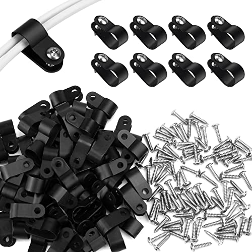 CVIUYO 120PCS Cable Clips, 1/4 Inch R-Type Outdoor Light Clips with Stainless Steel Screws, Cable Organiser Cable Management for Indoor Outdoor Electrical Wire Clamp Organizer Cable