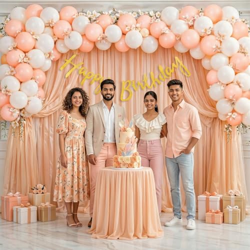 Image of Party Propz Happy Birthday Decoration Kit for Girls -46 Pcs, Birthday Decoration Items with Peach Curtains, Golden Happy Birthday Banner, Balloons for Birthday Decoration for Girls (Cardstock, Latex)