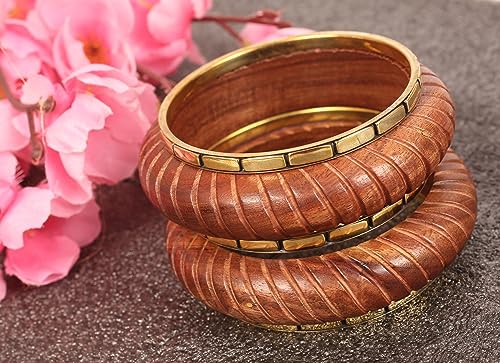 Image of Touchstone wood bracelets for women bangle wooden jewelry handmade artisan bangles natural handcrafted brown olive stylish chunky boho bohemian bracelet brass metal inlaid woods stackable