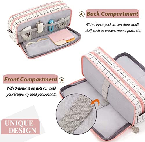 Image of Canvas Large Capacity Pencil Box For Girls&Boys,3 Compartments Pen&Pencil Pouches,Aesthetic Stationery Pouch For School Kids College Students,Cute Stationary Gift For Children (Plaide White)