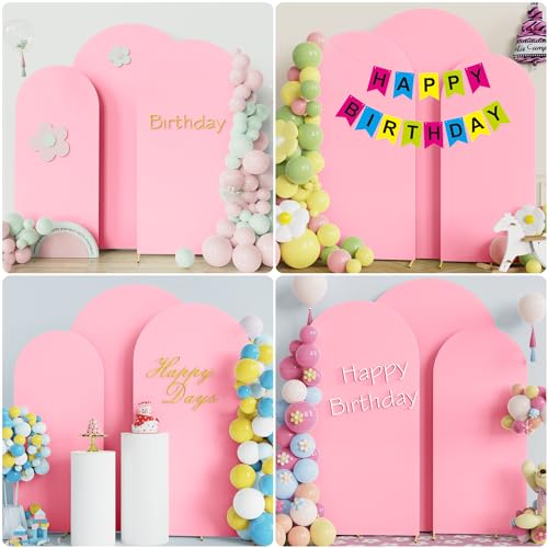 Image of Wokceer Wedding Arch Cover (7.2FT, 6.6FT, 6FT) Set of 3 Spandex Fitted Wedding Arch Stand Covers for Round Top Chiara Arch Backdrop Stands Cover for Birthday Party Ceremony Banquet Decor Pink