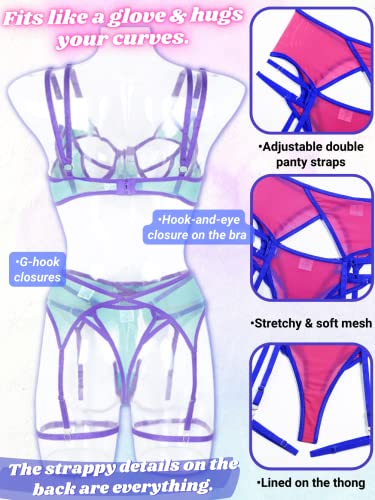 Kaei&Shi Garter Lingerie For Women, Contrast Color Strappy Cutout Sheer Mesh Sexy Lingerie, Underwire Double Layer Elastic Thong Thigh Strap Belt 4 Piece Lingerie Set Boudoir Seafoam Green Medium #TOP3