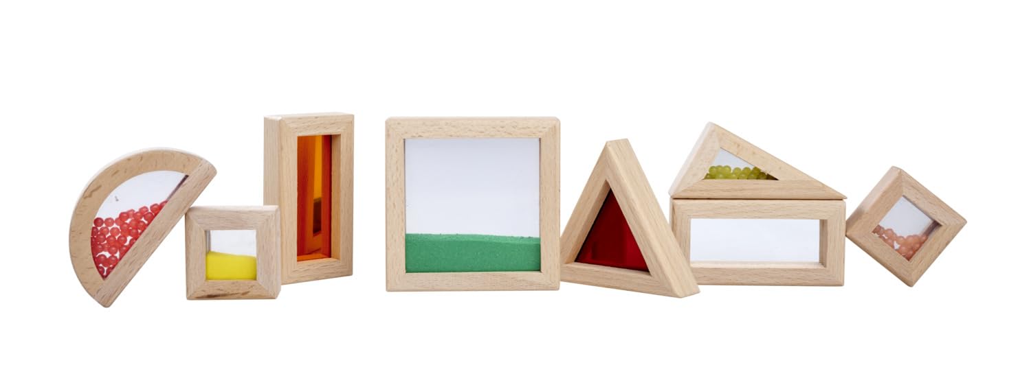 Eichhorn Blocchi da Costruzione con Finestra – 8 Pezzi Set di Elementi Colorati in Legno di faggio, con Sabbia, Sfere o Specchio, promuove sensorialità e capacità motorie, in Legno, Acrilico e ABS, a