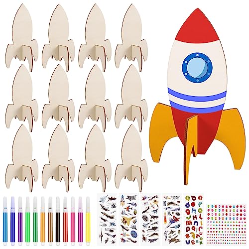 Wenrescry 12 Stück Raketen Bastelset - Holz DIY Set Für Kinder Ab 3 Jahren