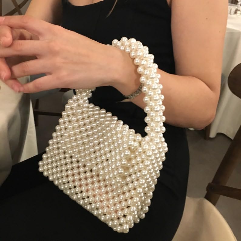 PR HAND WORKS Cute Pearl Square Evening Clutch Bag for Bridal Wedding Party Cocktail Purse for Women - Image 3