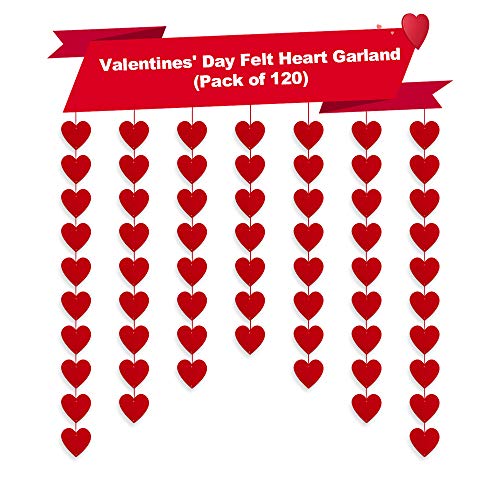 120 Red Hearts Felt Garland for Valentines Day Decorations - NO DIY - Valentines Day Hanging Decor - Red Heart Hanging String Garland for Valentines Wedding Anniversary Birthday Party Supplies - Thumbnail 3