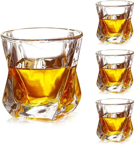 Image of Premium Crystal Whiskey Glass - Twisted Design, Set of 4, 300ml Old Fashioned Tumbler for Bourbon, Scotch & Cocktails (4, Round Twisted)
