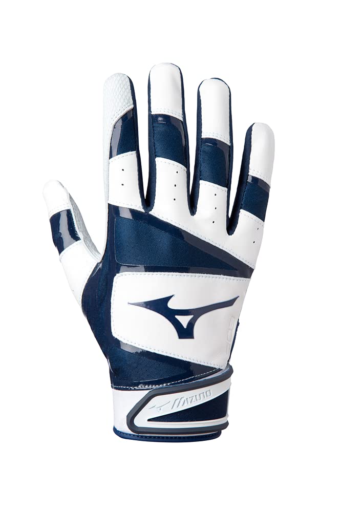 Mizuno B-303 Adult Baseball Batting Glove, White-Navy, Small