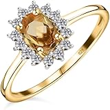 TJC Birthstone Halo Engagement Ring for Women, 925 Sterling Silver 18K Yellow Gold Vermeil Citrine Gemstone Ring, Vintage Royal Halo Ladies Statement Jewellery Gift Size K