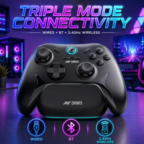 Image of Ant Esports ULTRANOVA Tri-Mode Wireless Gamepad with Drift Free TMR Joysticks & Triggers, Charging Dock, 1000Hz Polling, Turbo, Macro, Bluetooth, 2.4GHz, USB-C, PC, Switch, Android, iOS, PS4