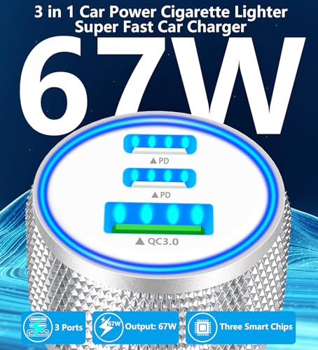 Image of USB C Car Charger, Rombica 2Pack 3Port 67W Dual USB-C&USB-A Car Power Cigarette Lighter USB Charger 3 in 1 PD /QC Type C Car Charger Fast Charge for iPhone 17 17 Pro 16 15 14 13 12 /Galaxy S26 S25 /Pixel