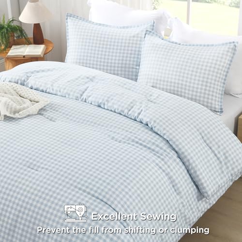 Image of Andency Light Blue Gingham Comforter Set Queen(90x90Inch), Checkered Grid Plaid Buffalo Bed Set for Girls Boys Kids Teens, 3 Pieces Lightweight Polyester Geometric Preppy Bedding