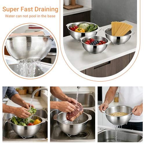Image of Colanders & Food Strainers,Stainless Steel Colander,1 Pcs Kitchen Strainers(5QT),2mm Micropore Strainer for Pasta, Rice, Vegetables,Dishwasher Safe Metal Colander with Handles,Kitchen Gift
