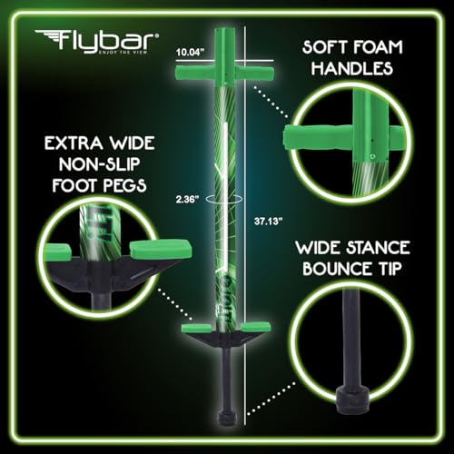 Image of Flybar Jolt Pogo Stick for Kids, Perfect for Beginners w /Foam-Covered Metal Frame, Handles & Padding, Non-Slip Foot Pads, Wide Tip, Outdoor Active Play Toy for Boys & Girls, Ages 6+, Lime Leaper LED