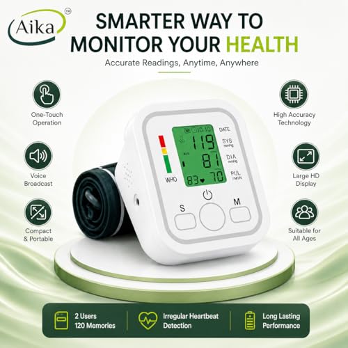 Image of Aika AK-555 Digital BP Monitor Upper Arm Instrument Machine for Blood Pressure Measurement Home Use. Fully Automatic, Digital Display with Talking Intellisense Technology Cuff Kit For Home Best Most Accurate Measurement (White, 3 Month Warranty)