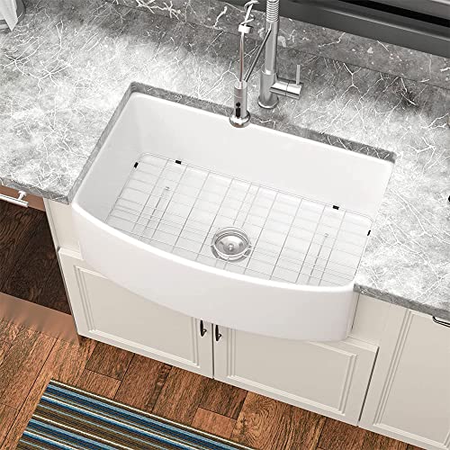 30 Farmhouse Sink White - Sarlai 30 Inch Kitchen Sink Arch Edge Curved Apron Front Ceramic Porcelain Fireclay Single Bowl Farmer Sink #TOP4