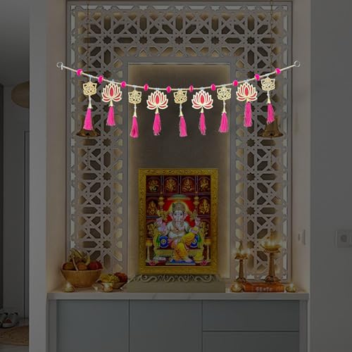 Image of Rajasthan Kraft Decorative Lotus & Ganpati Door Toran, 40 Inch - Lotus Decor Toran Door Hanging for Entryway with Ganesha Charms,Pink Tassels,Ganpati Decoration Inspired Festive Home Ornament Garland.