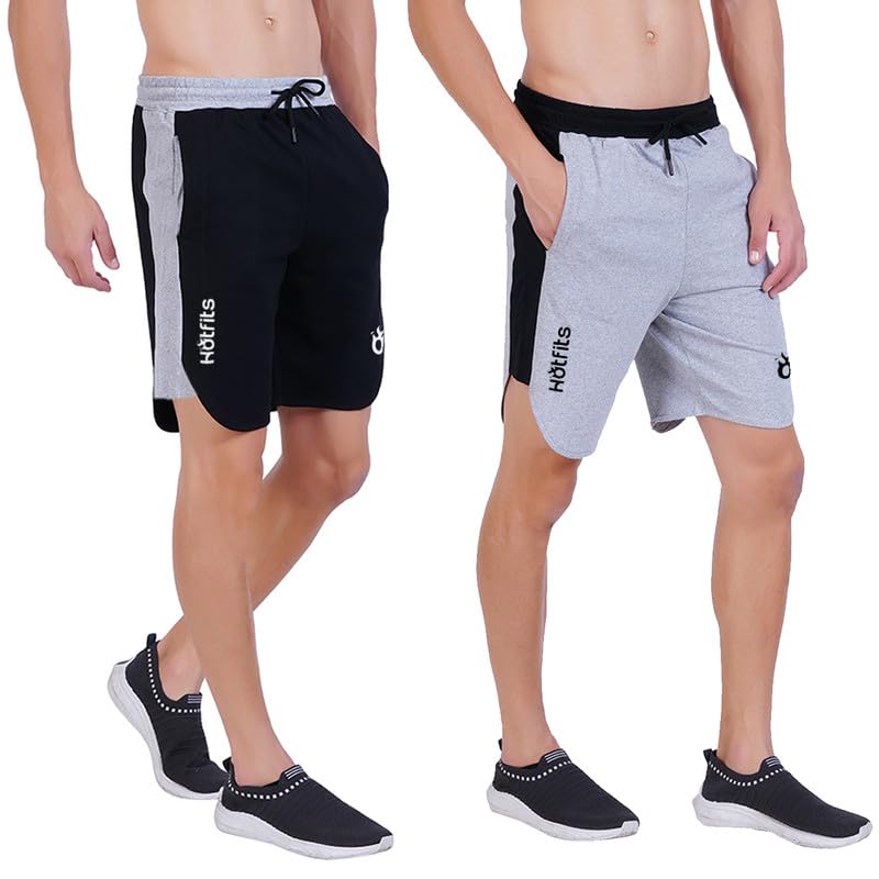 hotfits Men's Self Designed Panel Casual Cotton Regular Shorts, Workout Shorts, Elastic Waist Running Shorts with Pockets -Pack of 2-picture-12