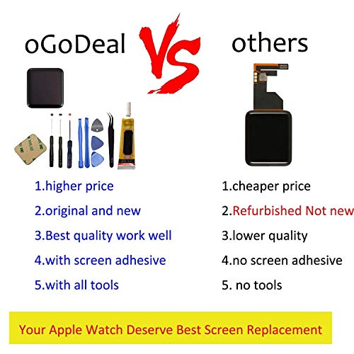 Ogodeal LCD Screen Replacement Repair Kit for Apple Watch Series 1 A1802 and (1st Generation) A1553 Sapphire Crystal Version LCD Screen Digitizer Assembly with Repair Tool Set 38mm