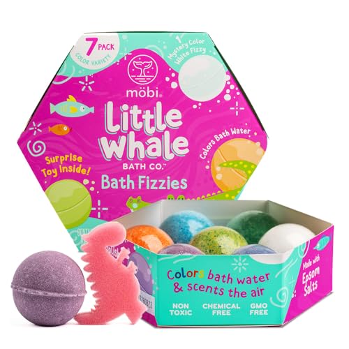 Mobi Little Whale Bath Fizzies - Bath Fizzies Made with Epsom Salts and Tropical Fruity Scents, Surprise Toy Inside, Non Toxic, Chemical Free and GMO Free - Color Variety, 7 Pack