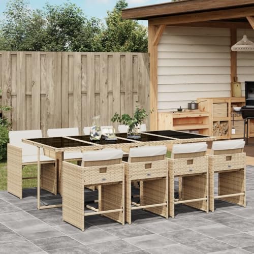 Image of 8-Piece Beige PE Rattan Patio Dining Set with Cushions, Foldable 8-Seater Outdoor Table and Chairs for Garden or Balcony, Weather-Resistant and Easy to Clean Furniture