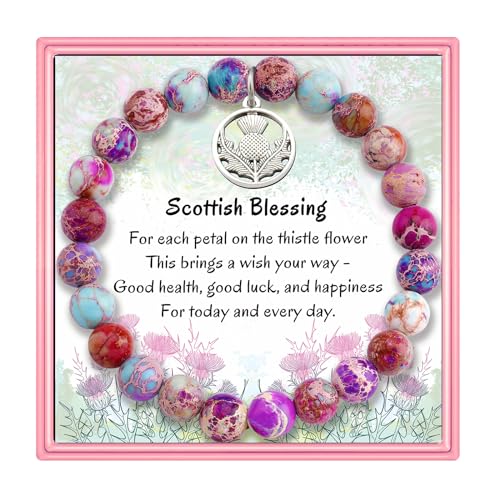 PARTNER Sassenach Inspirational Christmas Birthday Gifts for Women for Women Charm Scottish Thistle Blessing Bracelets Natural Stone Beaded Thistle Flower Jewelry for Her