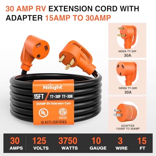 Image of Nilight 15FT 30 Amp RV Extension Cord with Adapter 15Amp to 30Amp 125V Heavy Duty 10 /3 Gauge Pure Copper STW Wire UL ETL Listed 3 Prong TT-30P TT-30R Weatherproof Suit for Generators Campers