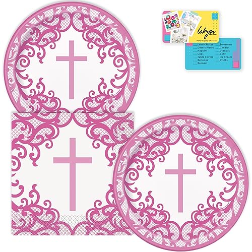Lobyn Party Plates and Napkins - Elegant Fancy Pink Cross Theme - 7” Cake Plates - 16 Count - Ideal for Religious Parties, Communion, and Confirmation