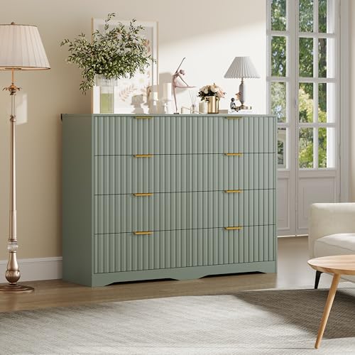 Image of Fluted 8 Drawer Dresser for Bedroom, 55 inch Wide Modern Wooden Chest of Drawers with Metal Handles, TV Stand & Closet Storage Organizer for Living Room,Hallway, Green