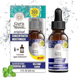 GuruNanda Concentrated Mouthwash, Helps with Bad Breath, Promotes Teeth Whitening, Made with 100% Natural Essential Oils, 1 Bottle Equals 300 Rinse, Fluoride-Free-Mint Flavored (2 oz), 59 millilitre
