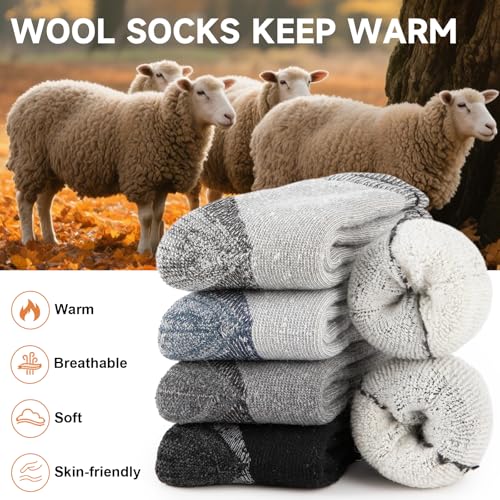COOPLUS Merino Wool Hiking Socks for Men Thick Thermal Warm Crew Winter Mens Work Boot Socks 4 Pairs4