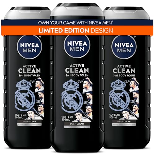 NIVEA MEN Active Clean Body Wash with Natural Charcoal for Normal to Oily Skin, 3-in-1 Charcoal Body...