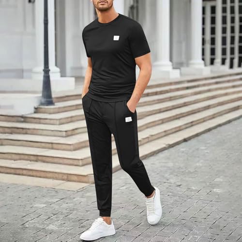 Men's Sport 2 Piece Outfits Summer Tracksuits Set Casual Short Sleeve Stretch Shirt and Elastic Waist Jogger Sweatsuit2